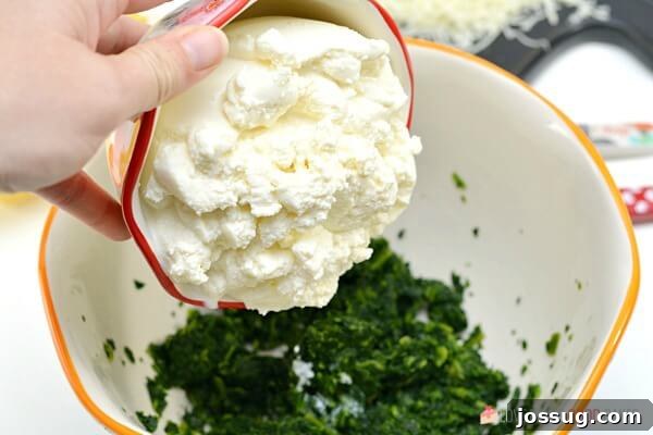 Adding ricotta cheese to a mixing bowl with spinach for Spinach Ricotta Manicotti filling.