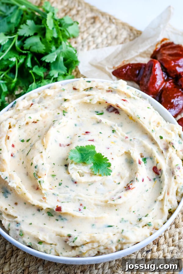 Smoky Cheddar Chipotle Mash 2 A serving bowl filled with creamy Chipotle Cheddar Mashed Potatoes, garnished with fresh cilantro, ready to be enjoyed.