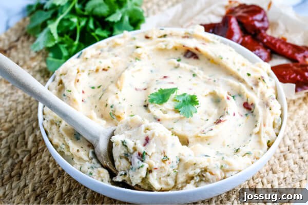 Smoky Cheddar Chipotle Mash 6 A rustic ceramic bowl holding a generous portion of Chipotle Cheddar Mashed Potatoes, perfectly plated for a comforting meal.