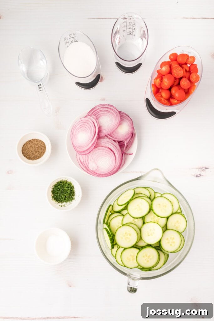 Vibrant Cucumber Tomato Medley 3 An overhead shot showcasing the vibrant, fresh ingredients ready for the Zesty Cucumber Tomato Salad, including thinly sliced cucumbers, bright cherry tomatoes, finely chopped red onions, fresh dill, and bottles of vinegar.