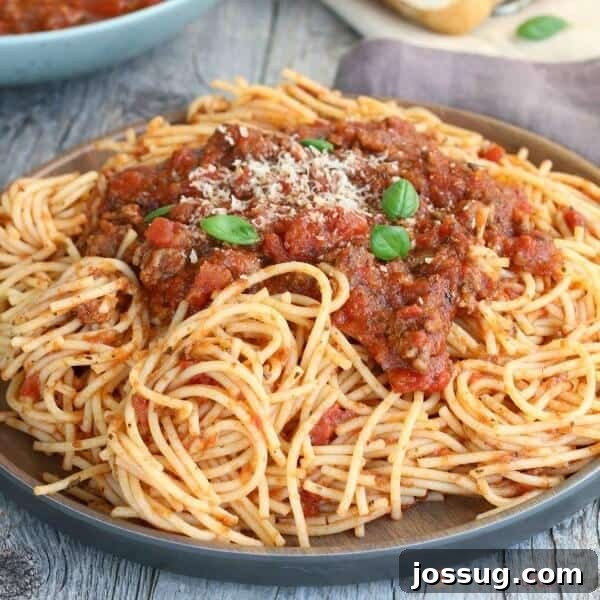 Slow Cooker Spaghetti Sauce with pasta on a plate close up.