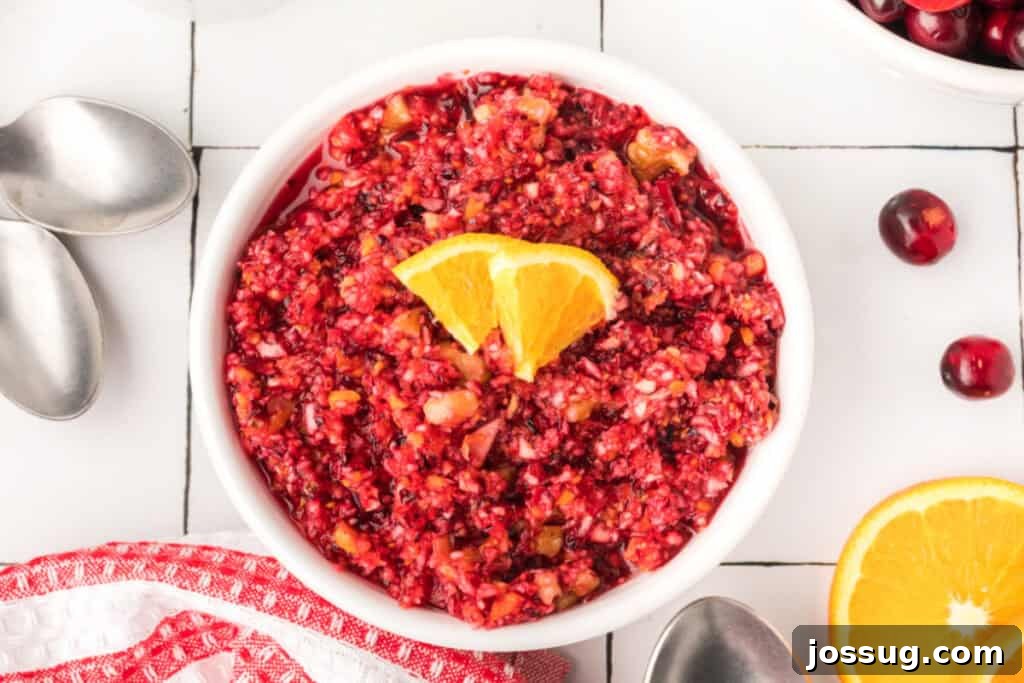 Cranberry Burst 19 Overhead shot of finished cranberry relish served in a white bowl, topped with orange slices and surrounded by fresh cranberries.