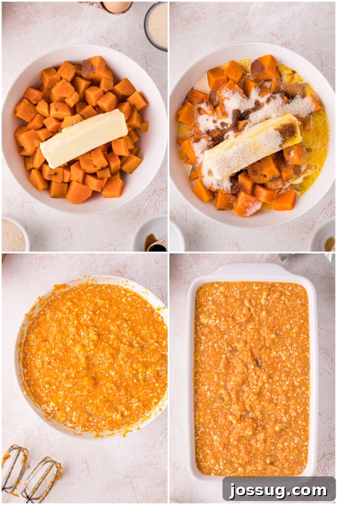 Overhead view of various ingredients laid out for sweet potato casserole preparation, including sweet potatoes, eggs, and butter.