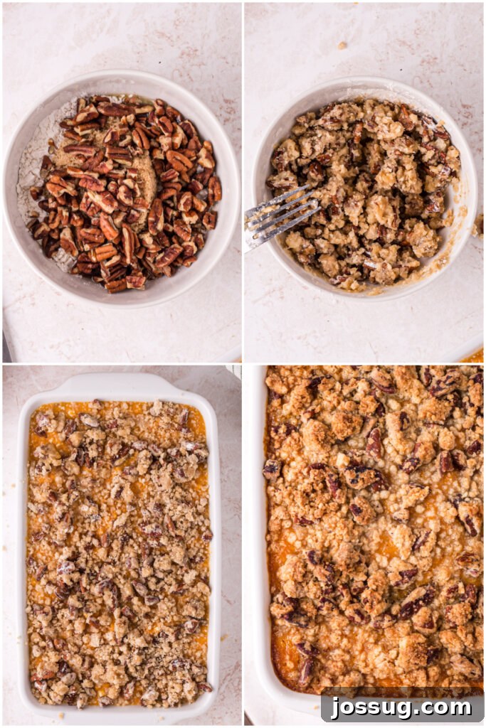 The process of adding the pecan streusel topping to the sweet potato mixture in a baking dish, illustrating the final assembly step.
