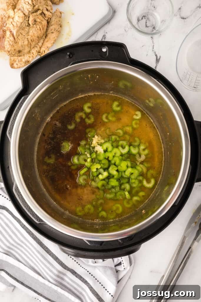 Instant Pot filled with broth, garlic, and celery to create flavorful liquid for pressure cooking turkey.