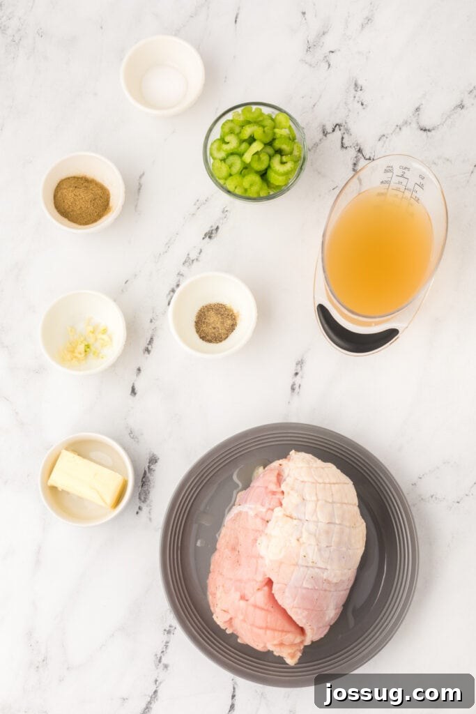 Overhead view of ingredients for Instant Pot Turkey Breast including butter, spices, garlic, celery, broth, and a raw turkey breast on a plate.
