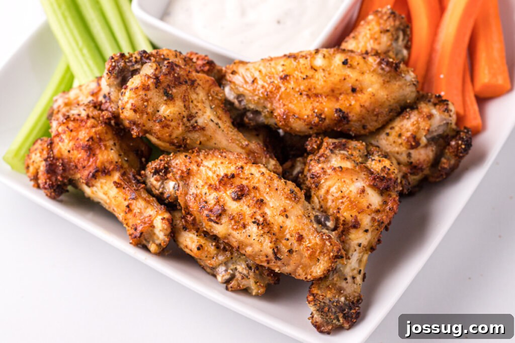 A vibrant platter featuring crispy air fryer chicken wings artfully arranged with fresh celery and carrot sticks, ready for serving.