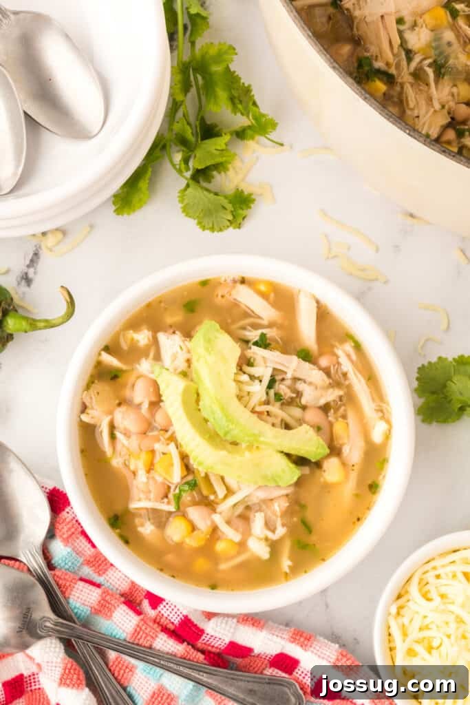 Hearty White Chicken Chili 2 Overhead bowl of White Chicken Chili topped with sliced avocado, shredded cheese, and cilantro with a colorful towel and spoons beside it.