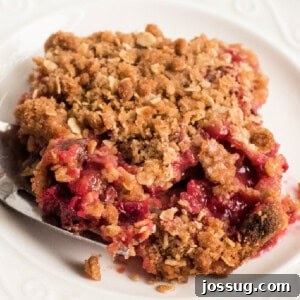 Rustic Rhubarb Crumble 7 A square crop of a serving of rhubarb crisp on a white plate, highlighting its crunchy oat topping and succulent, ruby-red filling.