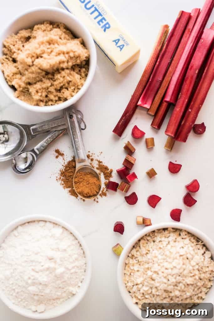 Rustic Rhubarb Crumble 3 An overhead shot showcasing all the essential ingredients laid out for making rhubarb crisp, including flour, rolled oats, brown sugar, ground cinnamon, melted butter, and freshly chopped rhubarb.