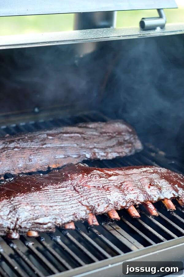 Two racks of gloriously smoked ribs, glistening with barbecue sauce, resting on a grill grates