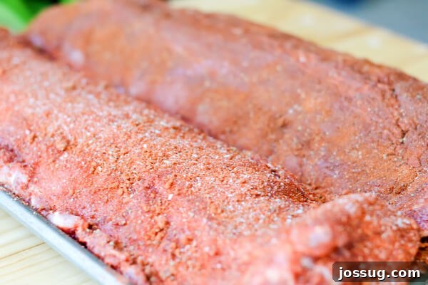 Pork ribs generously coated with a dark, rich homemade spice rub before going into the smoker