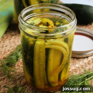 Instant Refrigerator Pickles 2 A jar of homemade refrigerator pickles, showing sliced cucumbers and dill sprigs.