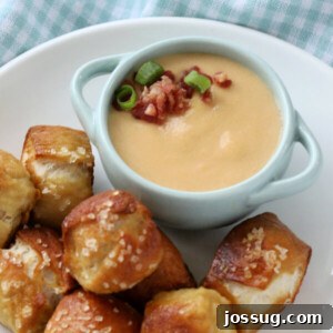 Rich & Creamy Beer Cheese Delight 2 Beer Cheese Dip in a bowl with pretzel bites around it