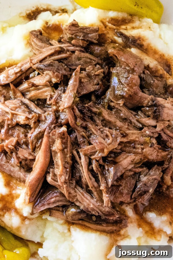 Close-up of extremely tender shredded meat over mashed potatoes, showcasing the rich texture
