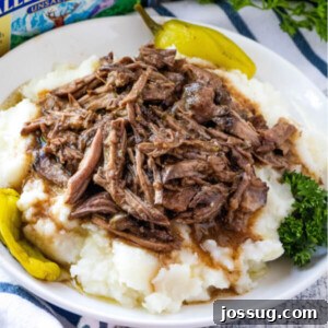 Mississippi Pot Roast with gravy over mashed potatoes