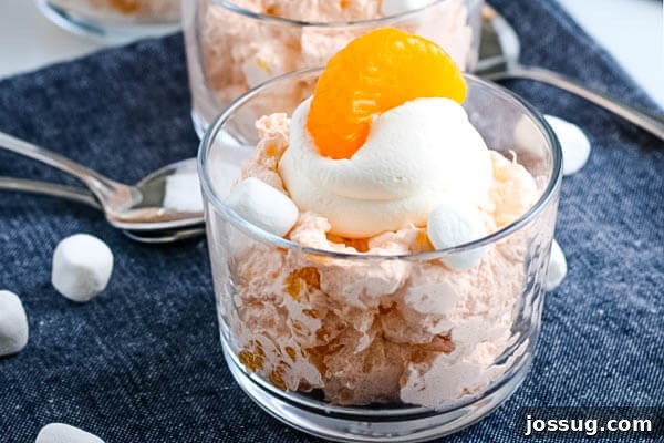 Creamsicle Dream Dessert 3 Mandarin Orange Fluff Salad in small glass bowl garnished with whipped topping and mandarin orange