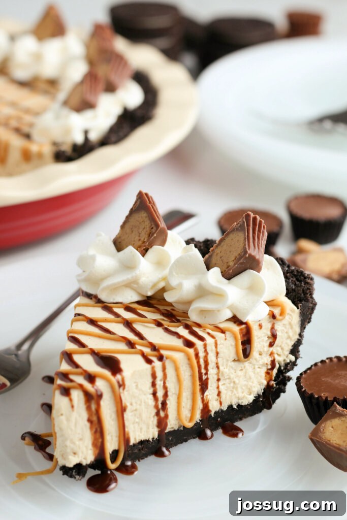 A delectable slice of creamy No-Bake Peanut Butter Pie on a pristine white plate, showcasing its rich chocolate crust and smooth, golden filling, ready to be devoured.