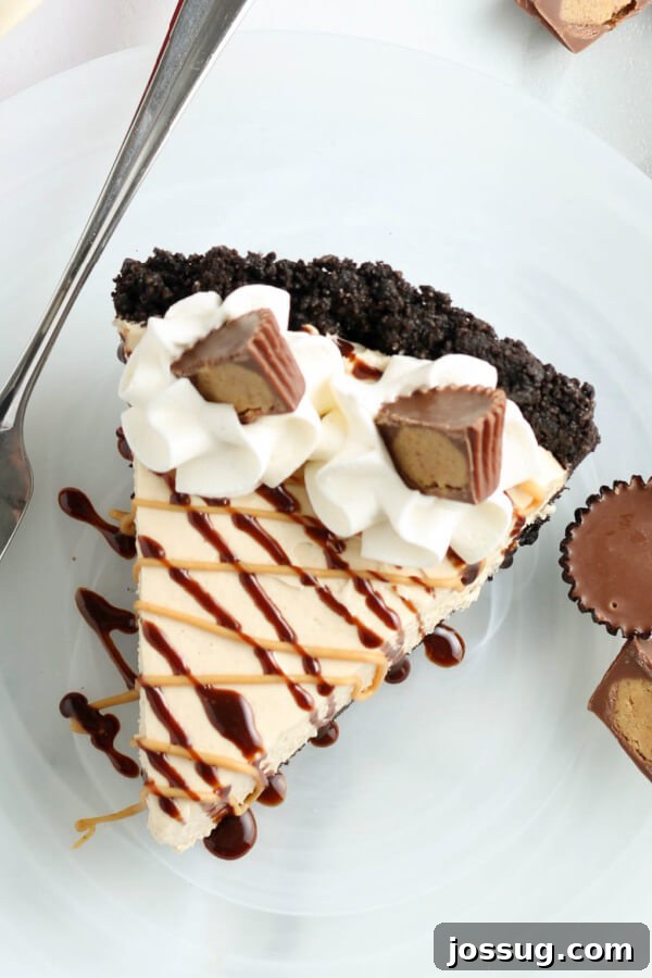 An inviting overhead view of a perfectly portioned slice of No-Bake Peanut Butter Pie, served on a delicate plate, ready to be enjoyed.