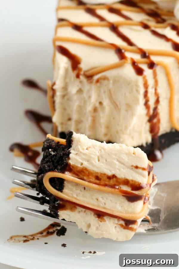 A close-up shot of a perfect bite of No-Bake Peanut Butter Pie resting on a fork, poised above a slice on a plate, highlighting the smooth, creamy texture of the filling.