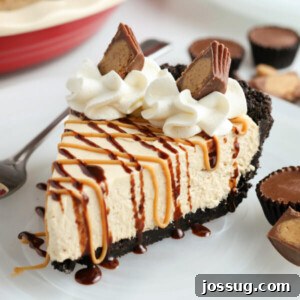 A beautifully presented No-Bake Peanut Butter Pie, perfectly chilled and ready to be served, showcasing its enticing layers.