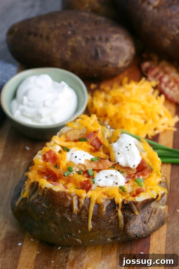 slow cooker baked potato topped with cheese, sour cream, bacon, and chives