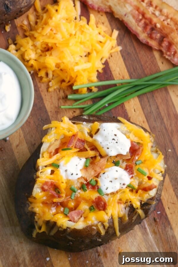 finished baked potato topped with cour cream, cheese, bacon, and chives