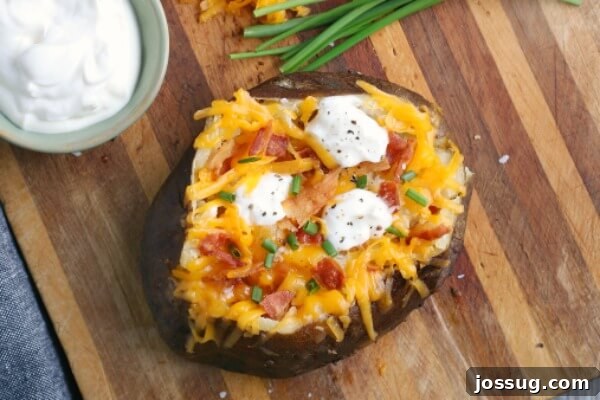 overhead of finished baked potato topped with cheese, sour cream, bacon, and chives