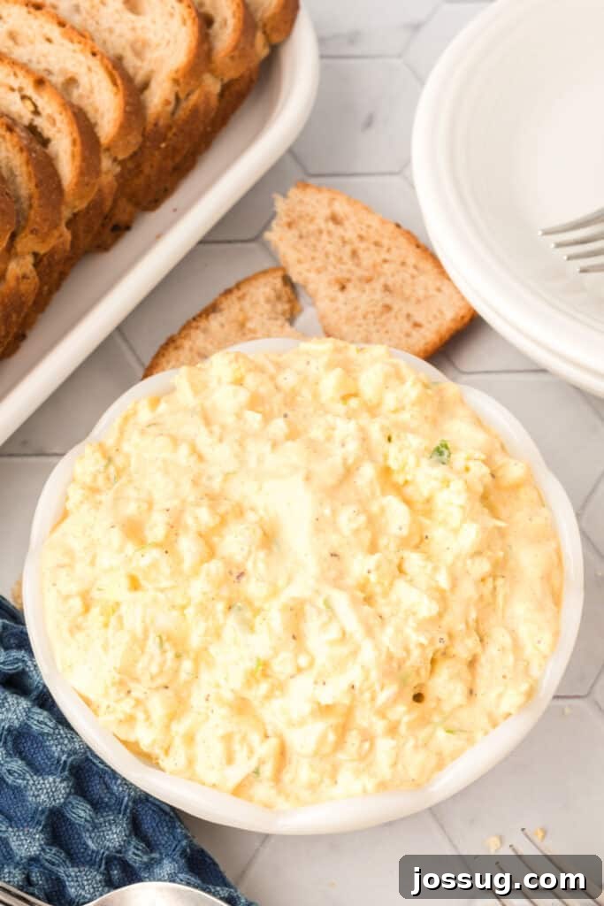 A bowl of creamy old fashioned egg salad, resembling a homemade recipe from grandma.