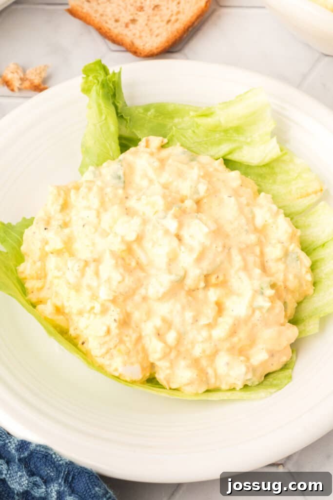Egg salad served neatly on a fresh green lettuce leaf.