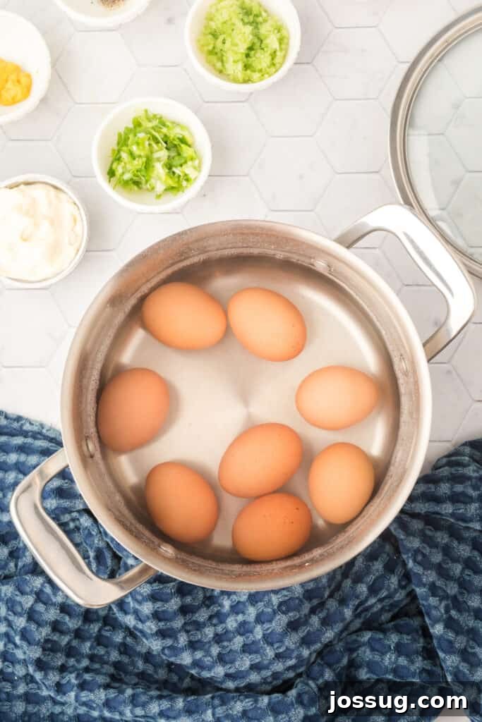 Step 1 of hard-boiling eggs: Place eggs in a saucepan and cover with cold water.
