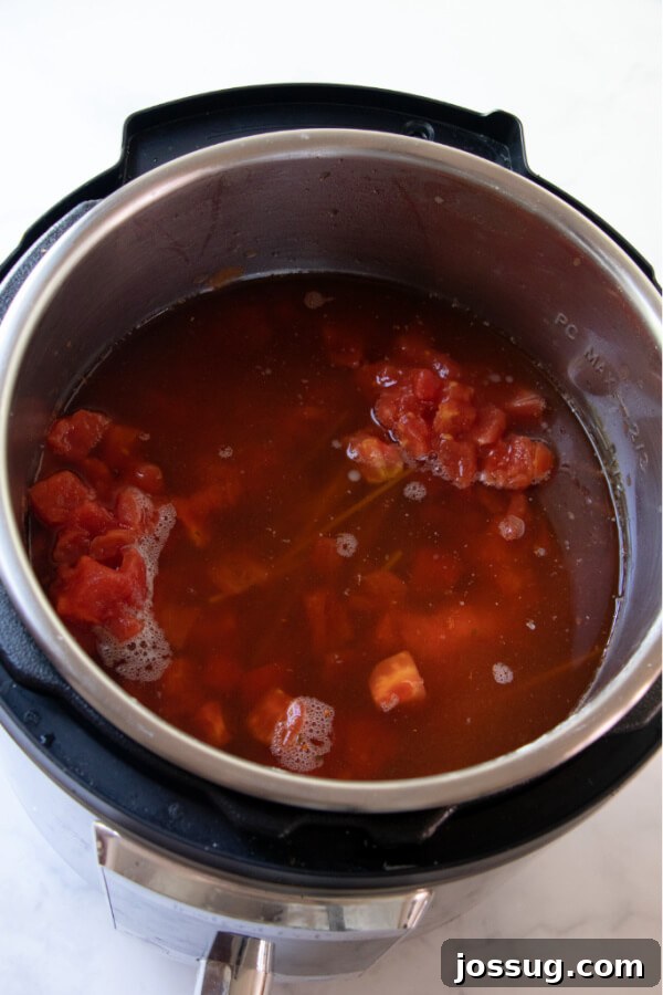 Spaghetti sauce, beef broth, diced tomatoes, and red wine being carefully poured over the noodles in the Instant Pot.