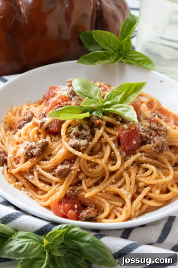 A serving of Instant Pot Spaghetti on a white plate, garnished with basil and Parmesan cheese.