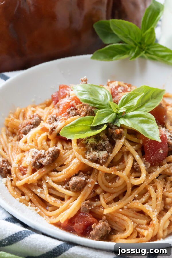 A close-up of delicious Instant Pot spaghetti ready to be eaten from the pot.