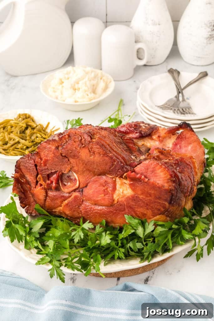 Remove the ham from the oven. Cut and serve immediately. Store any leftovers in the refrigerator.