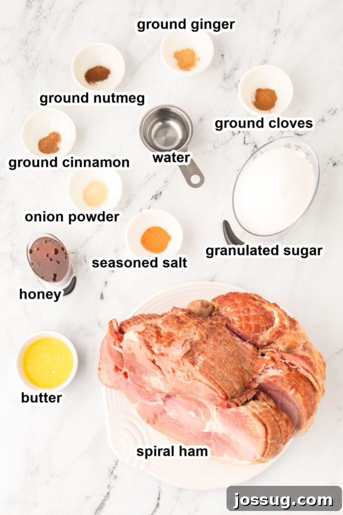 Ingredients to make honey baked ham, laid out on a table