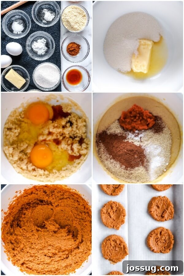 Pumpkin Spice Keto Whoopie Pies 3 Steps for making the keto pumpkin whoopie pie cookies, showing ingredients being mixed.