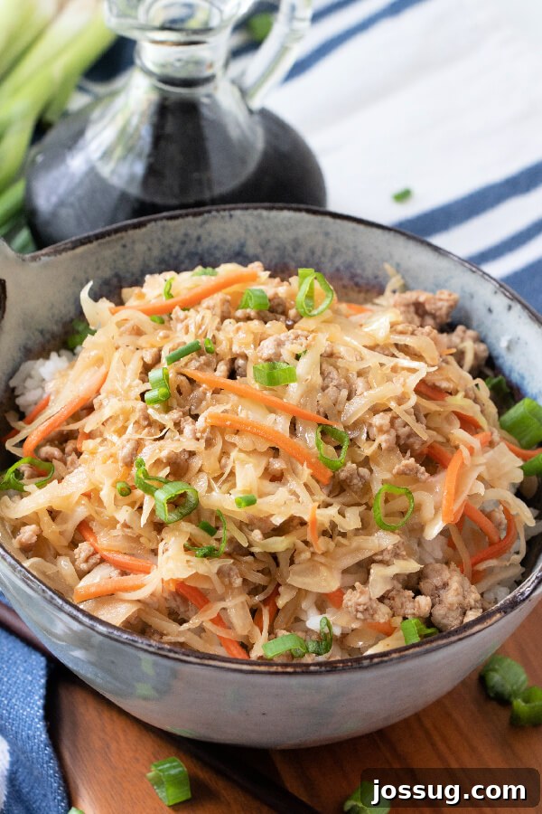 Delicious Egg Roll in a Bowl Ready to Eat Overhead shot of a finished Egg Roll in a Bowl with a spoon, highlighting the colorful ingredients.