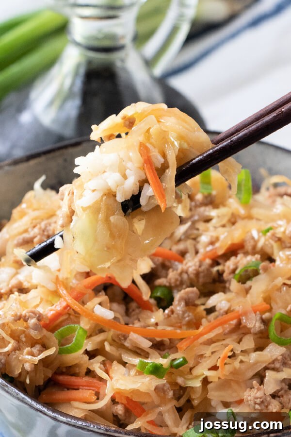 Serving Egg Roll in a Bowl with Rice Chopsticks holding a scoop of rice with Egg Roll in a Bowl on top, ready to eat.