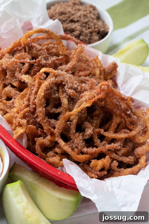Sweet Apple Cinnamon Fry Curls 6 basket of apple cinnamon curly fries with a view from the top
