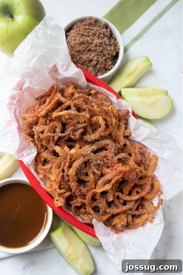 Sweet Apple Cinnamon Fry Curls 7 looking down on a basket of cinnamon apple curly fries with caramel dip