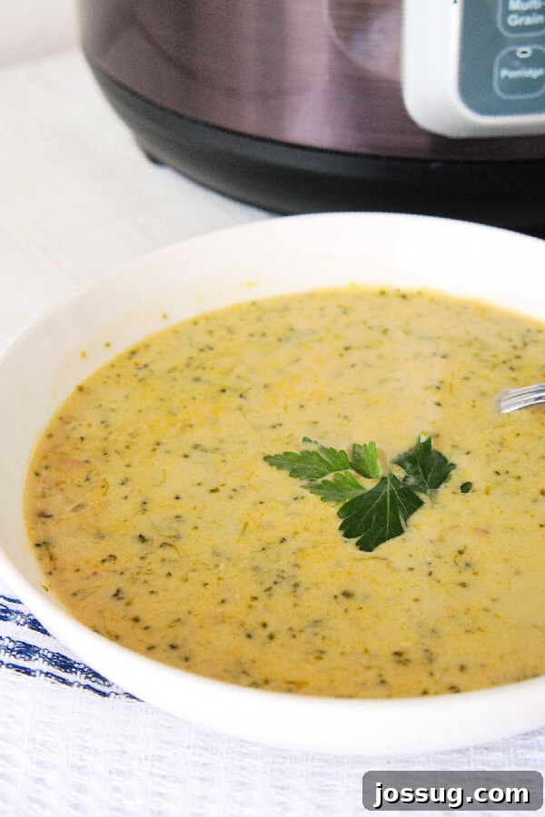 Velvety Instant Pot Broccoli Bliss 2 A steaming bowl of creamy Instant Pot Broccoli Cheddar Soup, garnished with fresh herbs, ready to be enjoyed.