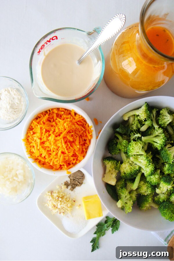 Velvety Instant Pot Broccoli Bliss 3 Fresh ingredients laid out for Instant Pot Cream of Broccoli Soup, including broccoli florets, onion, garlic, and cheese.