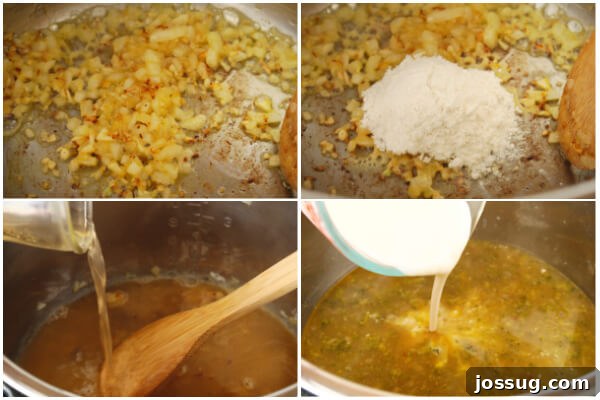 Velvety Instant Pot Broccoli Bliss 4 Step-by-step image showing onions browning, then adding flour, broth, and cream in an Instant Pot for broccoli soup.
