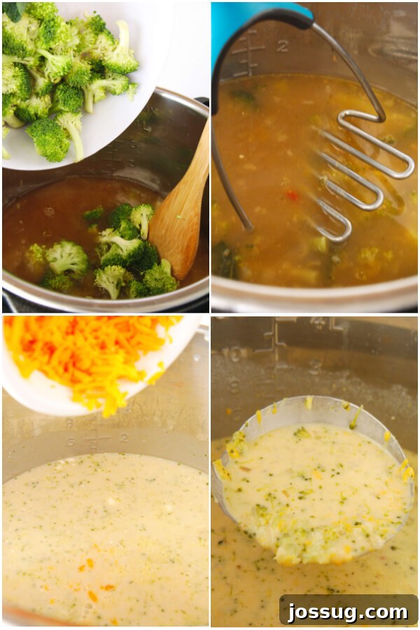 Velvety Instant Pot Broccoli Bliss 5 A collage of process photos: adding fresh broccoli, mashing it, stirring in cheese, and a ladle full of the finished creamy broccoli soup.