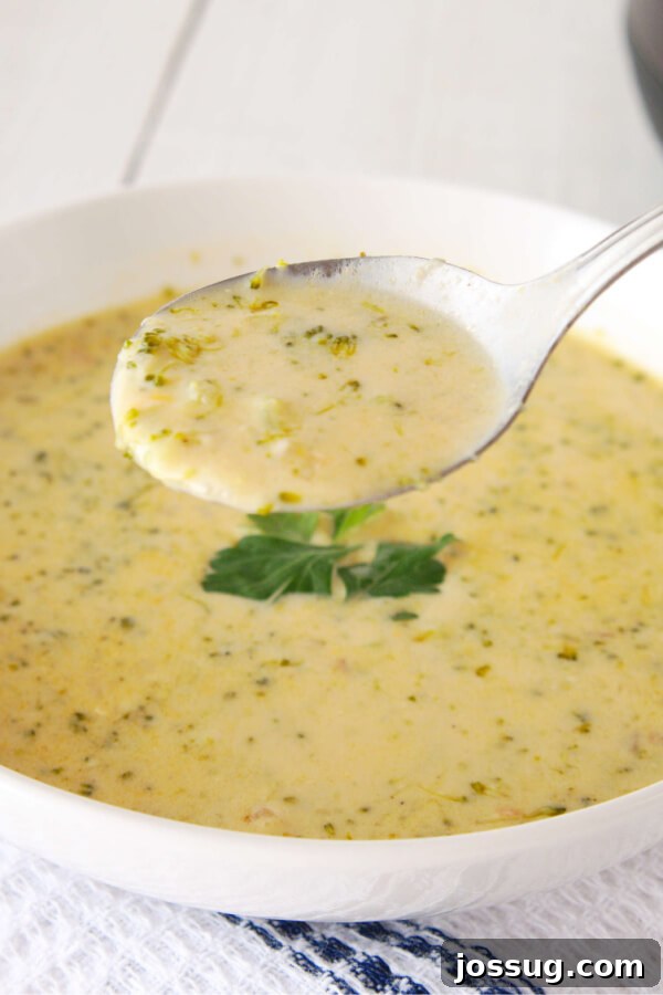 Velvety Instant Pot Broccoli Bliss 8 A spoonful of rich, creamy Instant Pot Broccoli Soup lifted over the bowl, showcasing its delicious texture.