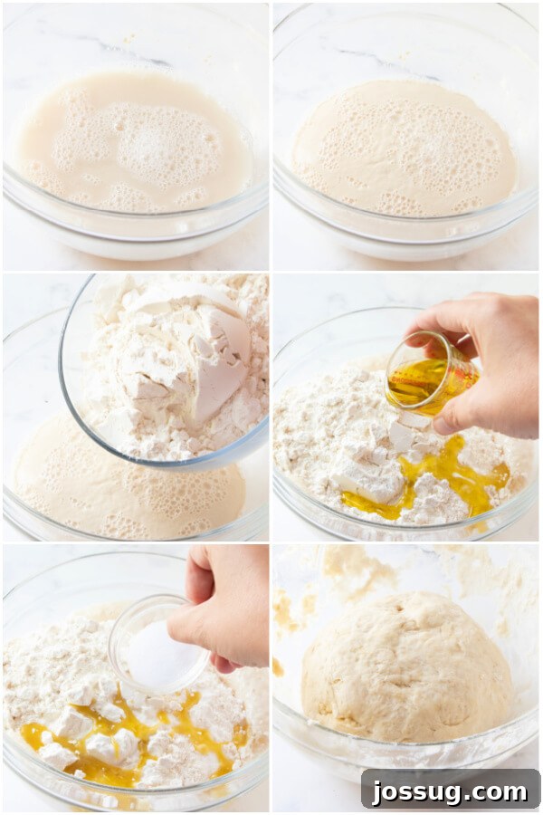 A step-by-step visual guide demonstrating how to prepare pizza dough, from dissolving yeast and mixing ingredients to the final shaping of the dough.