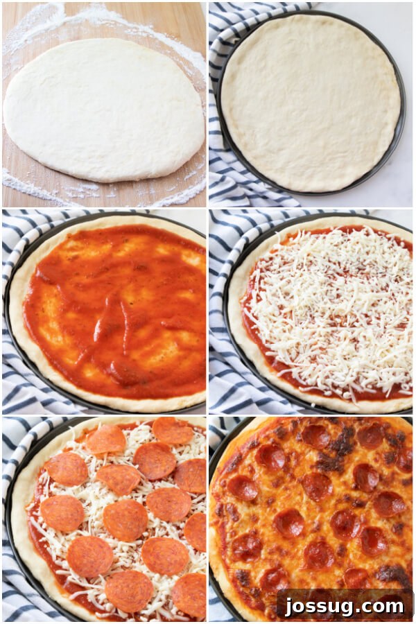 Hands arranging fresh toppings on a homemade pizza crust, including spreading sauce, sprinkling cheese, and adding various vegetables like peppers and mushrooms.