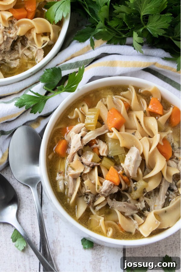 Effortless Instant Pot Chicken Noodle Soup 9 Two bowls of Instant Pot Chicken Noodle Soup, each with a spoon, on a wooden table