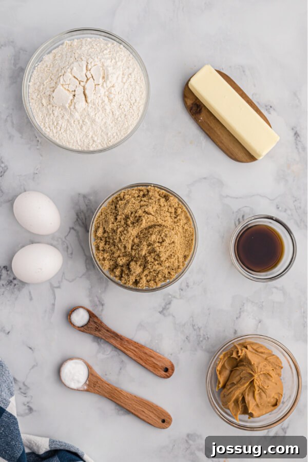 A vibrant flat lay shot displaying all the essential ingredients meticulously arranged on a kitchen counter, ready for preparing the homemade cookie bars.